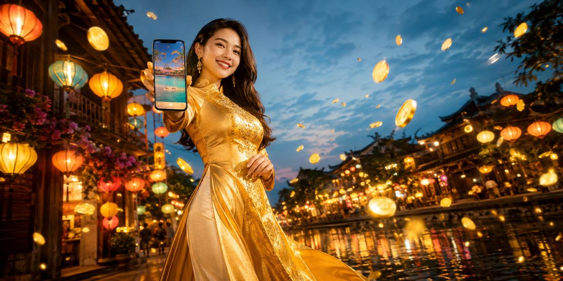Người chơi sử dụng điện thoại tại quán cà phê ở Hà Nội với phong cách áo dài truyền thống