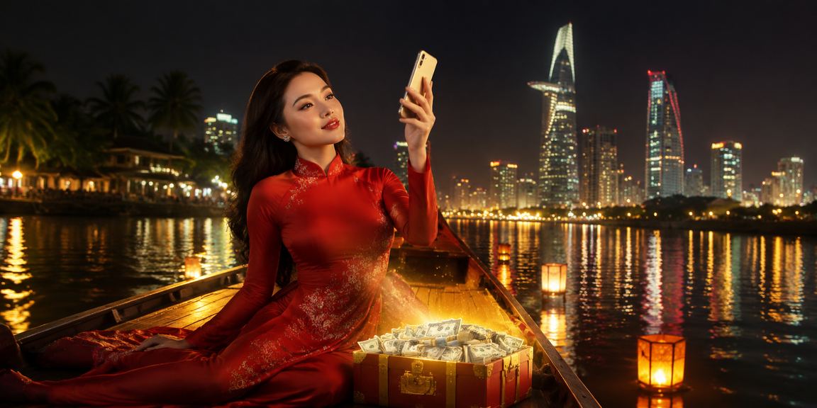 Người dùng Mekong đăng ký tài khoản casino trên điện thoại với trang phục áo dài